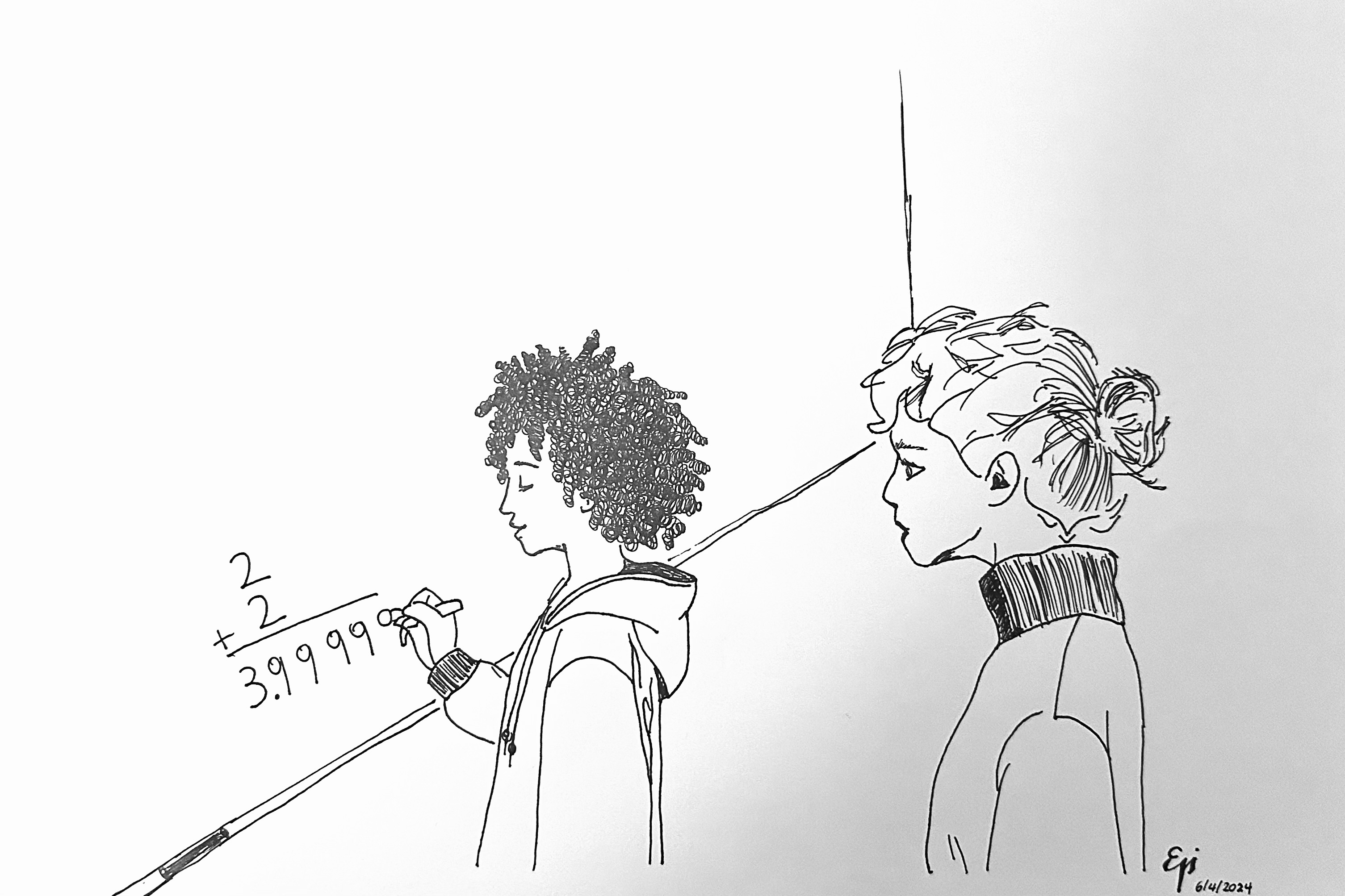 A surprised teacher watching a young student writing on the board 2+2=3.99999.